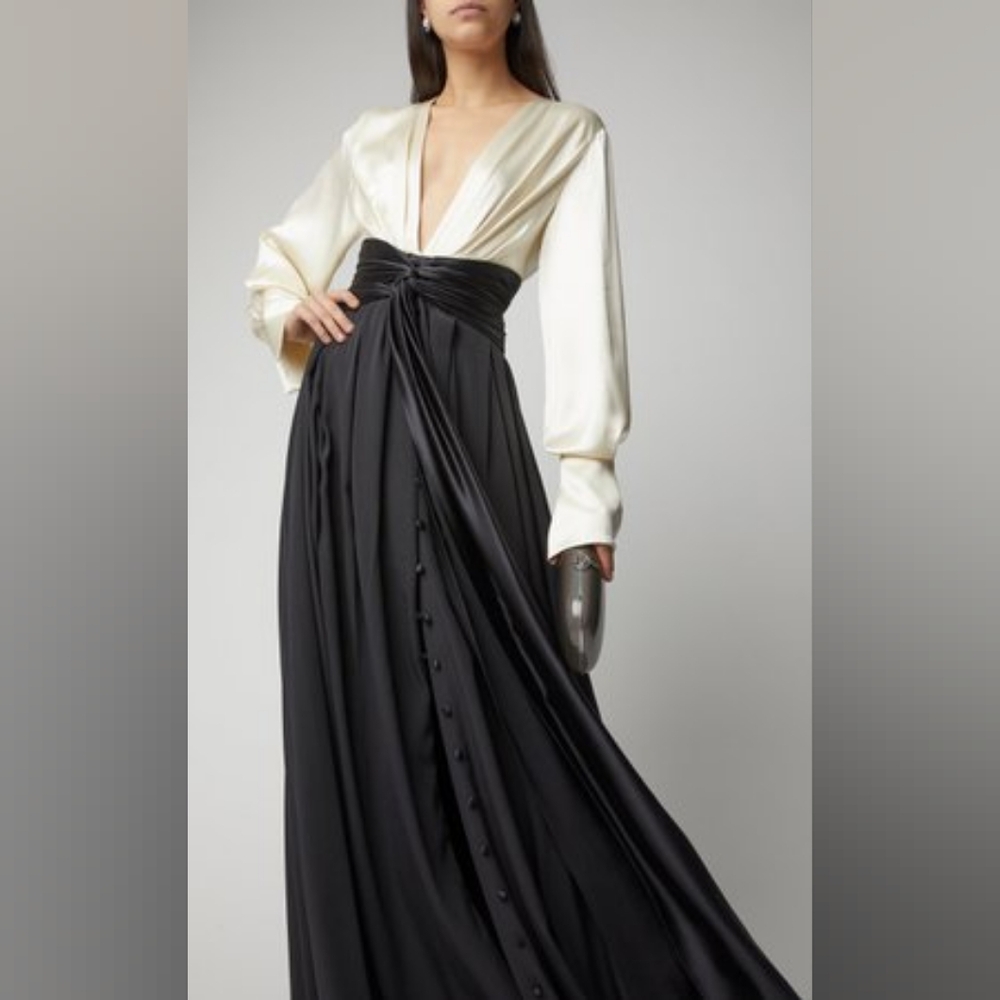 Prabal Gurung NWT Floor Length Long Sleeve Silk Dress Size 4 in Black and Ivory